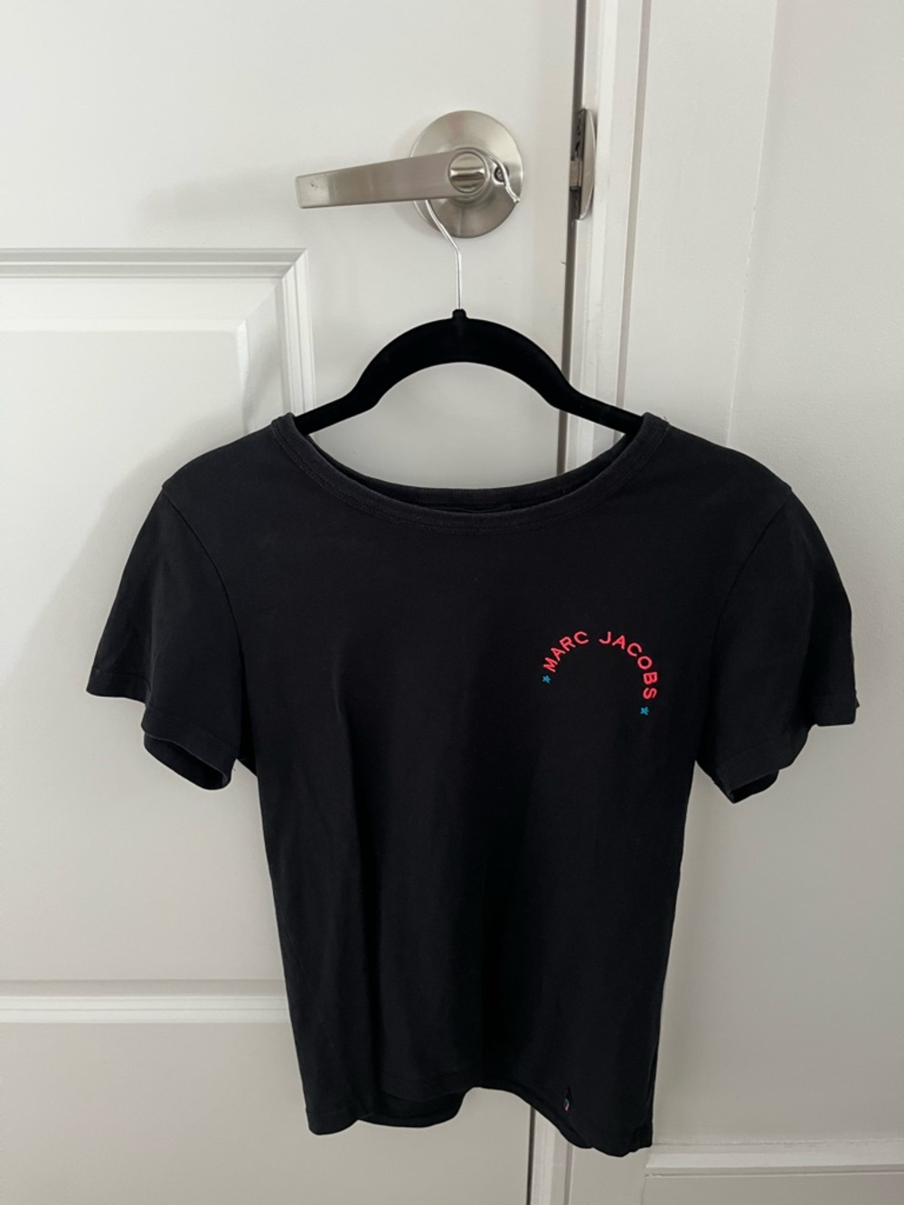 Marc Jacobs Black Tee with Small Pink Logo